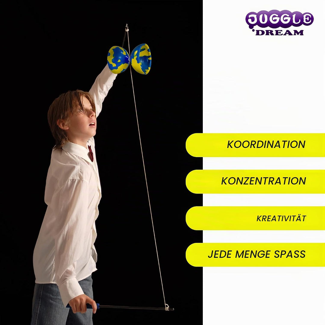 Juggle Dream Jester Diabolo Jonglierset – Fester Achse Profi-Diabolo mit Superglass-Handstäben, Onli