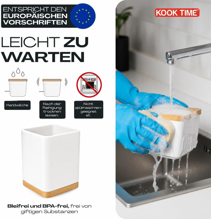 KOOK TIME Küchenutensilienhalter - Utensilienhalter küche aus keramik und Bambus - Quadratischer küc