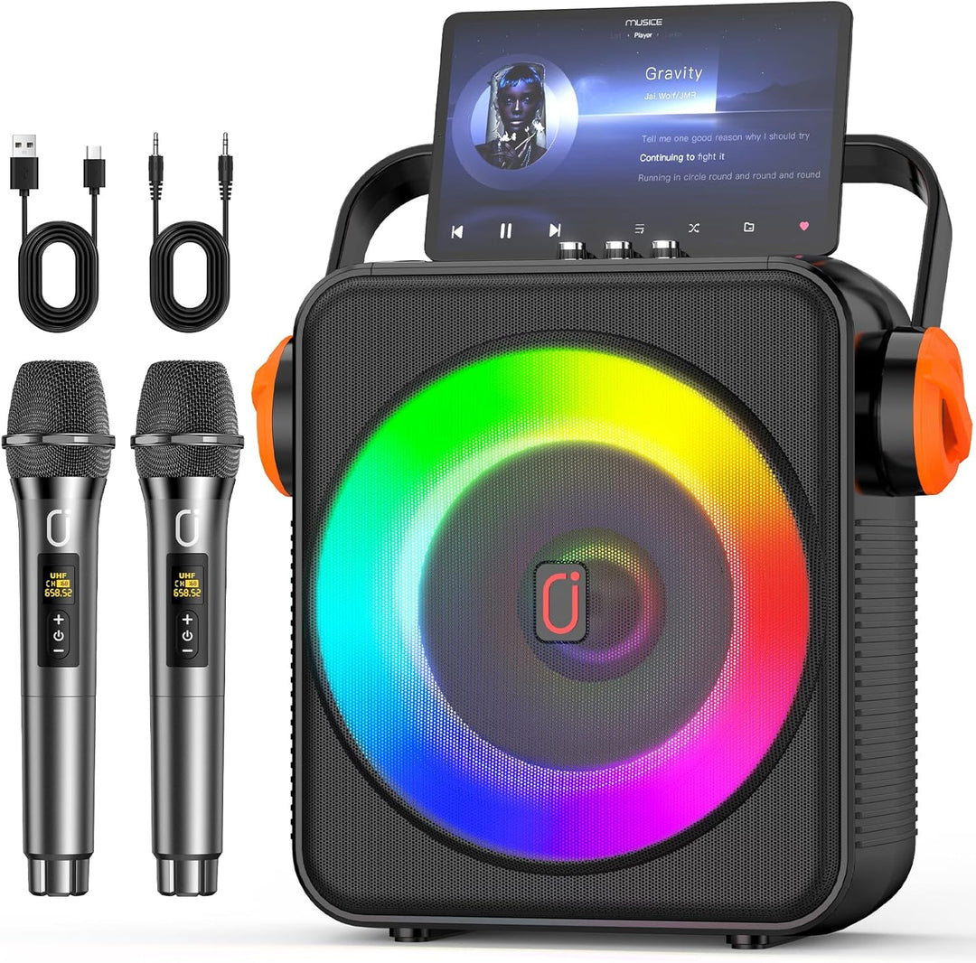 Karaoke Maschine mit 2 drahtlosen Mikrofones, Tragbaren Bluetooth 5.3 Karaoke Anlage Lautsprecher mi