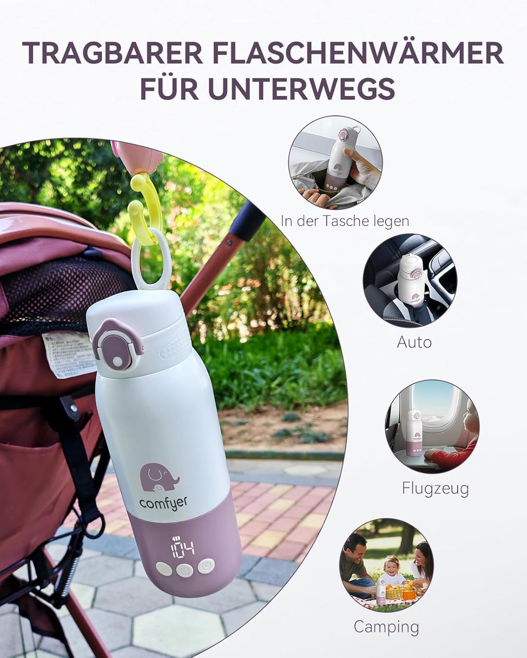 Tragbarer Flaschenwärmer Baby unterwegs für Baby, 12000mAh Akku, Schnelles Aufheizen 2 Min für Mutte