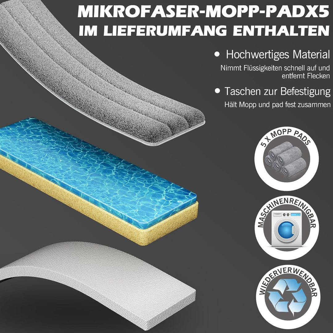 MASTERTOP Wischmopp Set mit Eimer, Flachmopp Bodenwischer mit 5 Mopp Pads und Langem Griff, 2 in 1 P