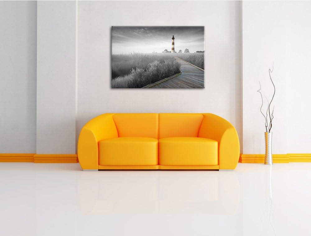 schöner Leuchtturm mit Steg schwarz/weiss Format: 100x70 auf Leinwand, XXL riesige Bilder fertig ger
