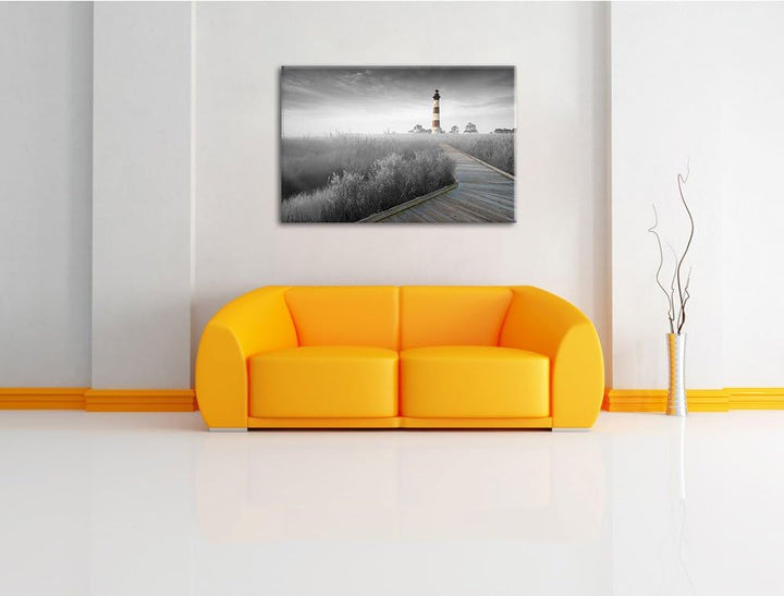 schöner Leuchtturm mit Steg schwarz/weiss Format: 100x70 auf Leinwand, XXL riesige Bilder fertig ger