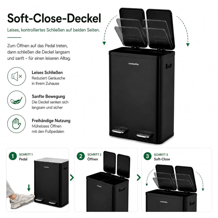 EverGrove 60L Mülltrennsystem, 2x30L, Edelstahl-Deckel, Matte Black | 2 x 30-L-Fächer,Soft-Close-Dec