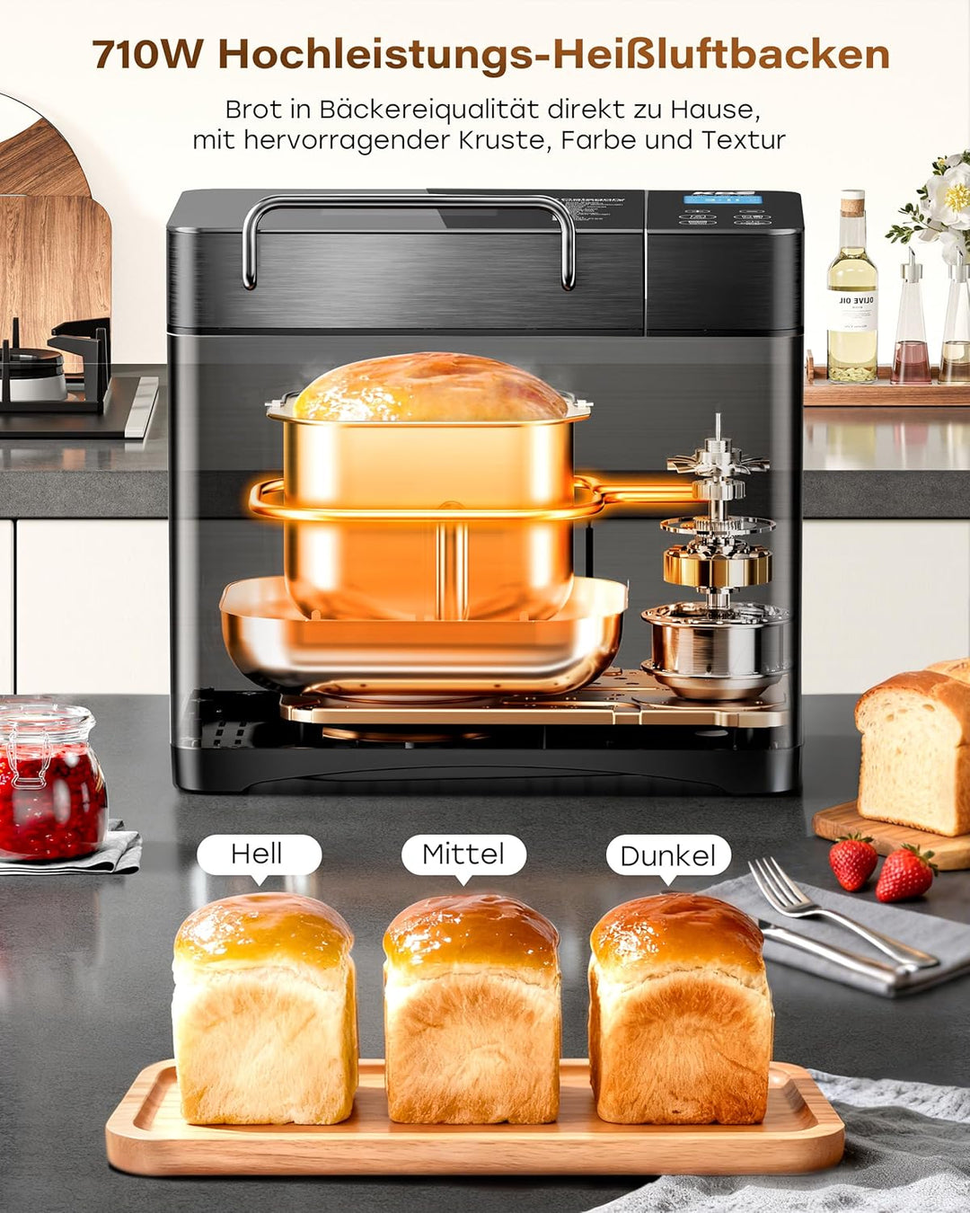 Premium 710W Konvektions-Brotbackautomat mit Gesundem Keramik-Backform, 17-in-1 Edelstahl Brotmaschi