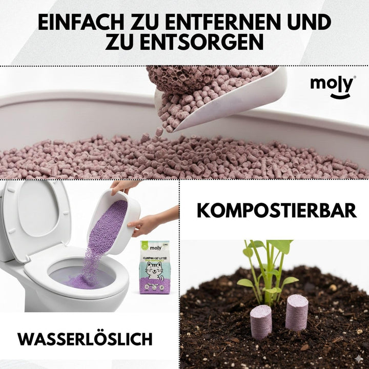 MOLY 2 x Tofu und Lavendel-Katzenstreu, 5,6 kg, 7,4 l, biologisch abbaubar und saugfähig, mit Lavend