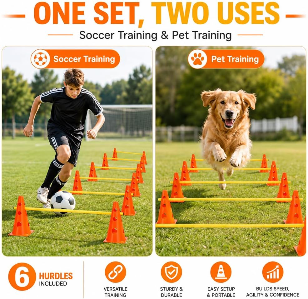 Steckhürdenset, Agility Set Hunde mit 12 Kegel(23cm) + 6 Stangen(1 m), Cavaletti Hund für Koordinati