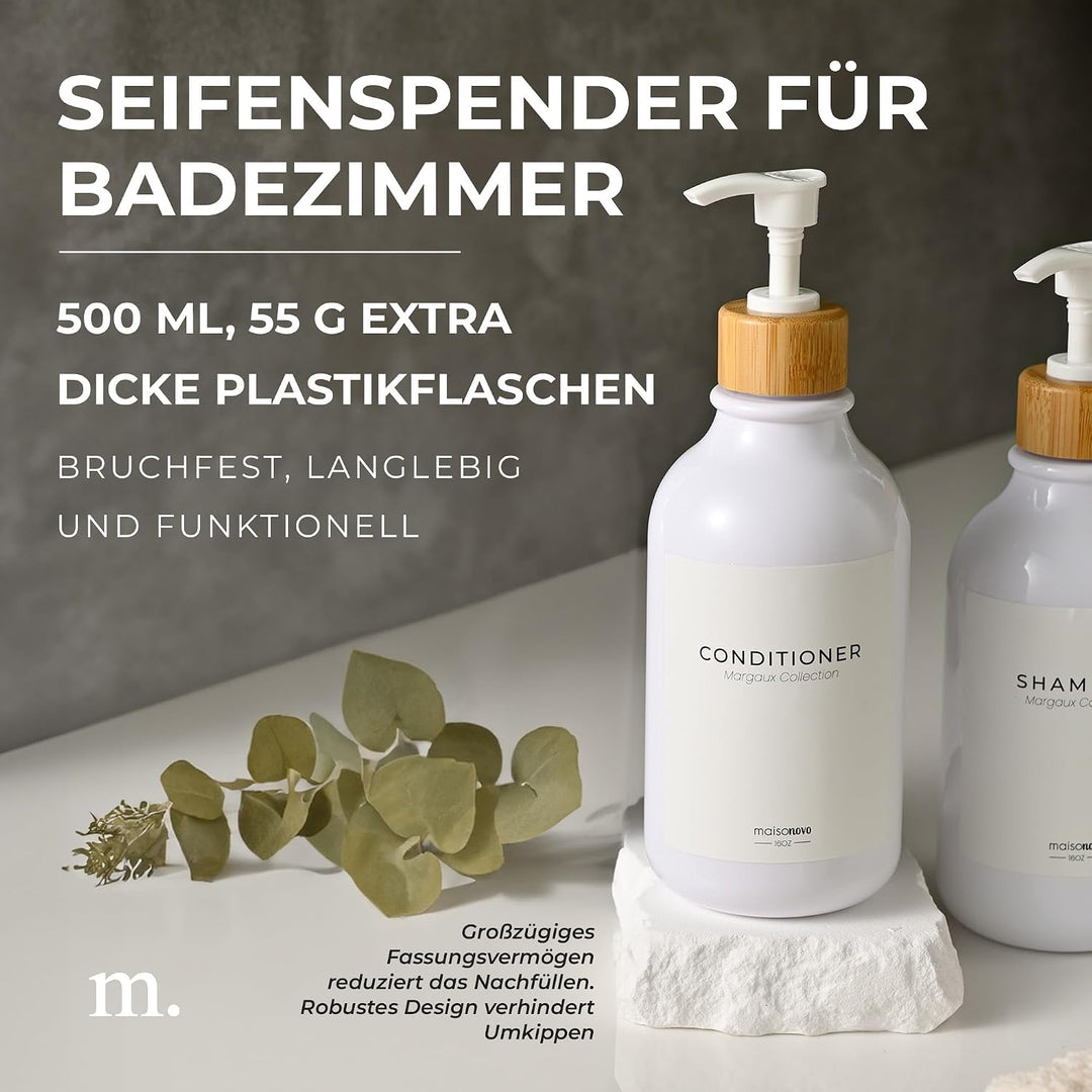 MaisoNovo Shampoo Flaschen zum befüllen - Duschgel Spender - 500 ml Set mit 3 weissen Plastikflasche