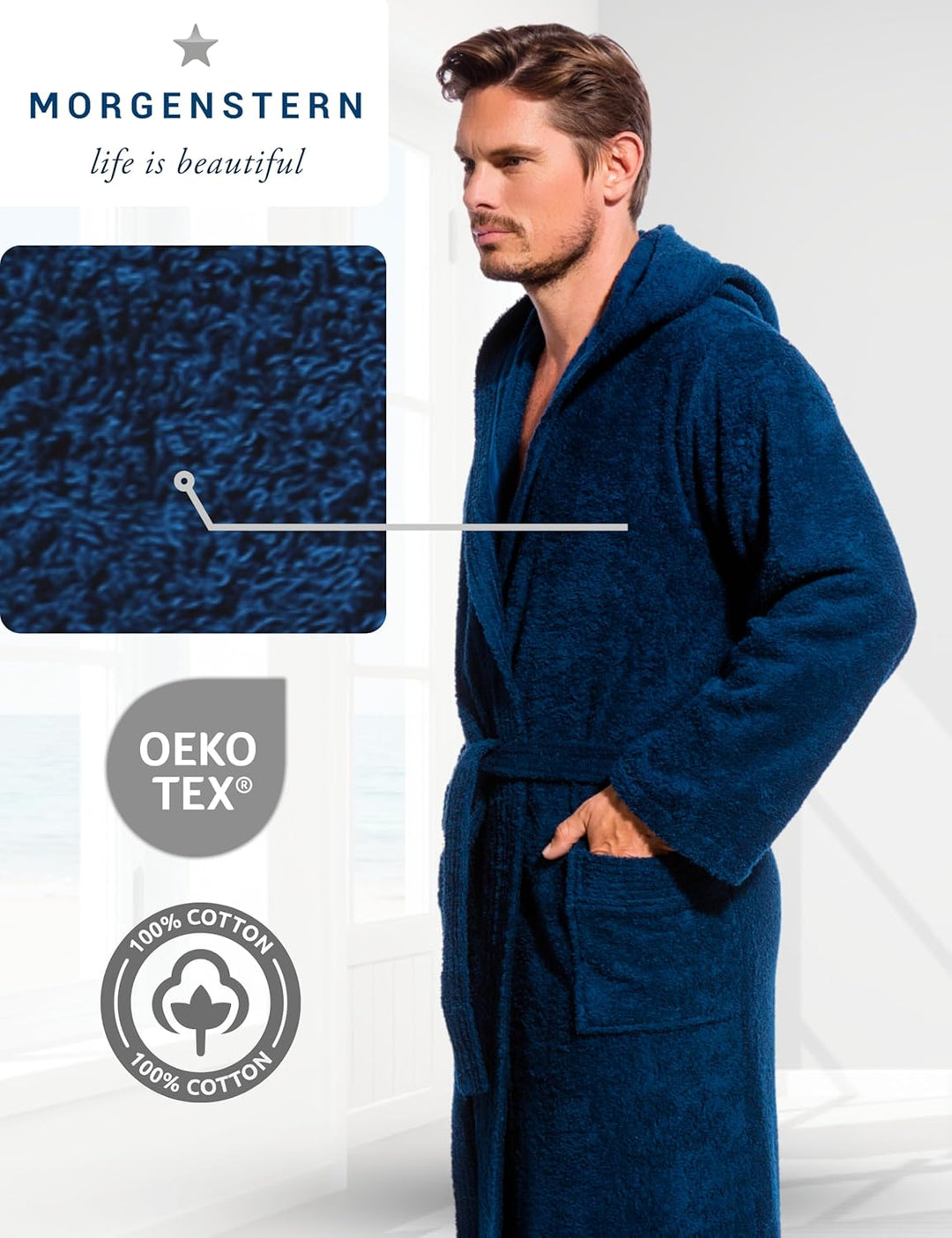 Morgenstern Bademantel Herren Kapuze Frottee 100% Baumwolle Lang Cadiz Salamanca M Marine, M Marine