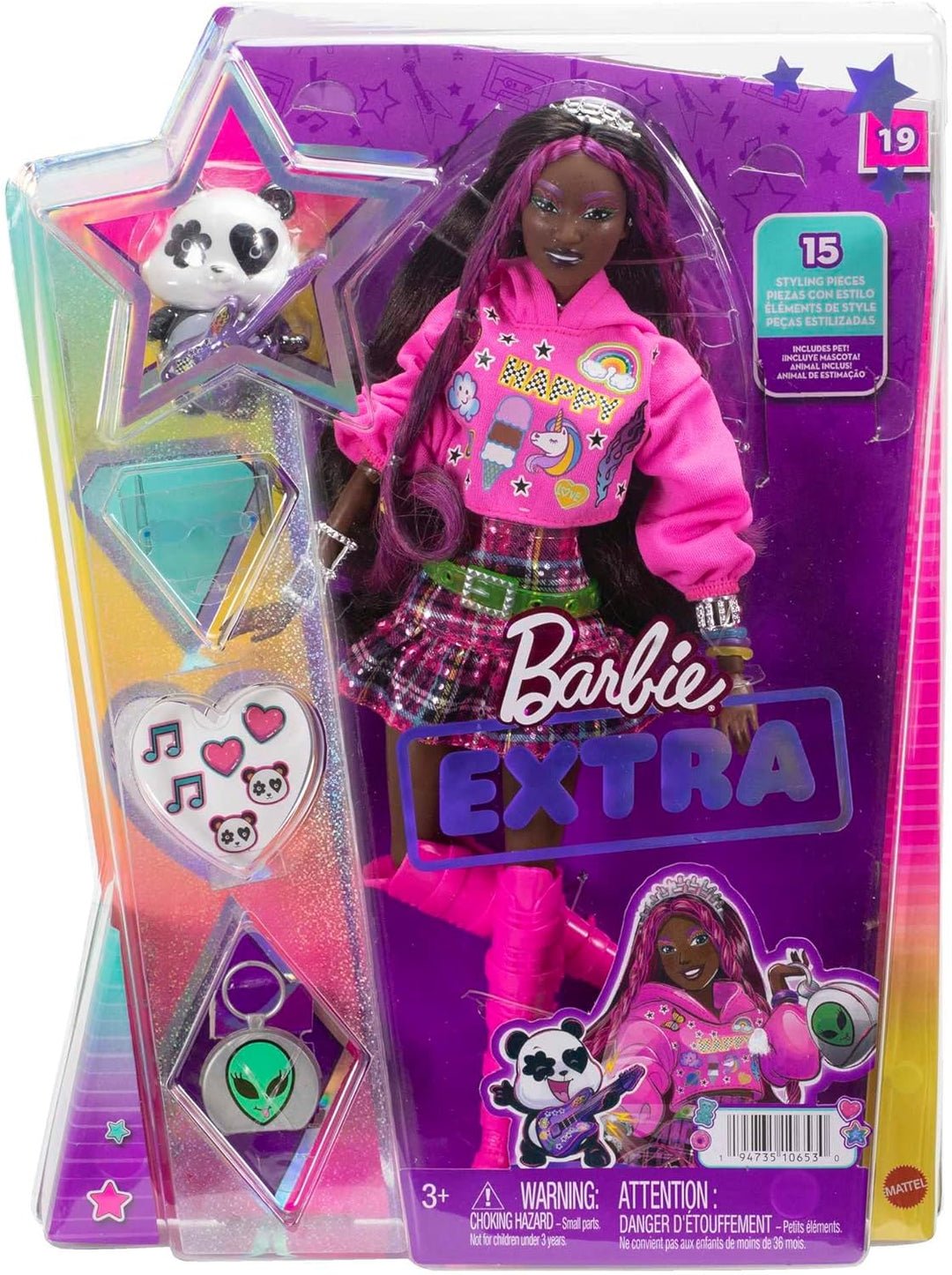 Barbie-Puppe mit Panda, Barbie Extra, Kinderspielzeug, Kleidung und Accessoires, brünettes Haar mit