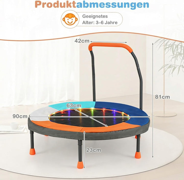 COSTWAY Ø90 cm Kinder Trampolin, Minitrampolin faltbar mit LED Beleuchtung, Fitness Trampolin Indoor