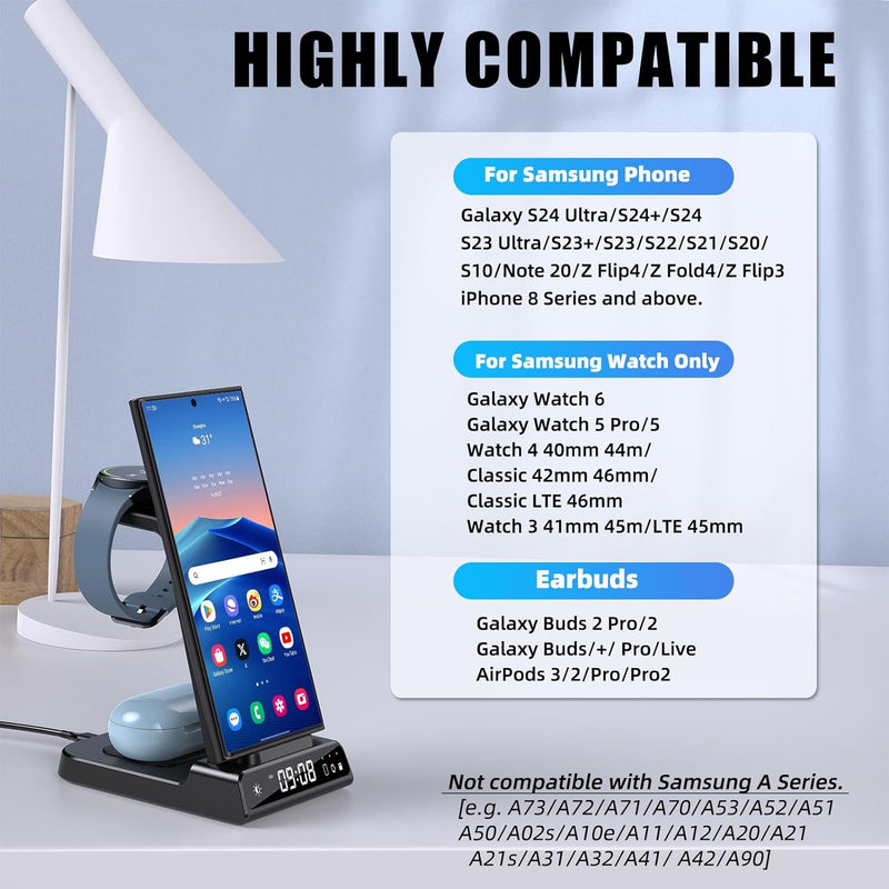 Wireless Charger für Samsung Galaxy S24 Ultra, Induktive ladestation für Samsung Watch 6, 3 in 1 lad