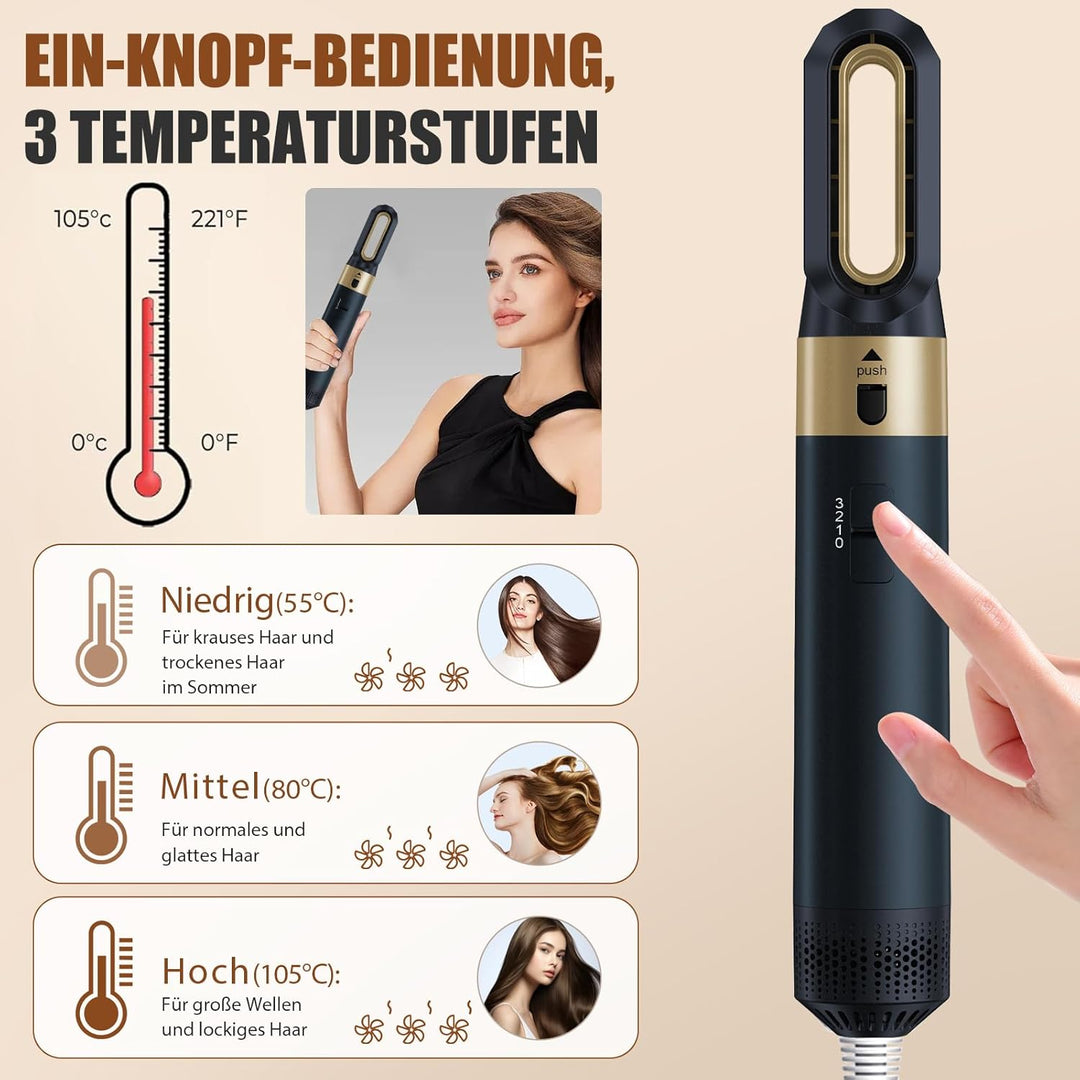 6-in-1 Hair-styler, Ionen Föhn, 1000W Multifunktionaler Hairstyler, Lockenstab Automatisch, Keramikt