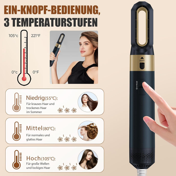 6-in-1 Hair-styler, Ionen Föhn, 1000W Multifunktionaler Hairstyler, Lockenstab Automatisch, Keramikt