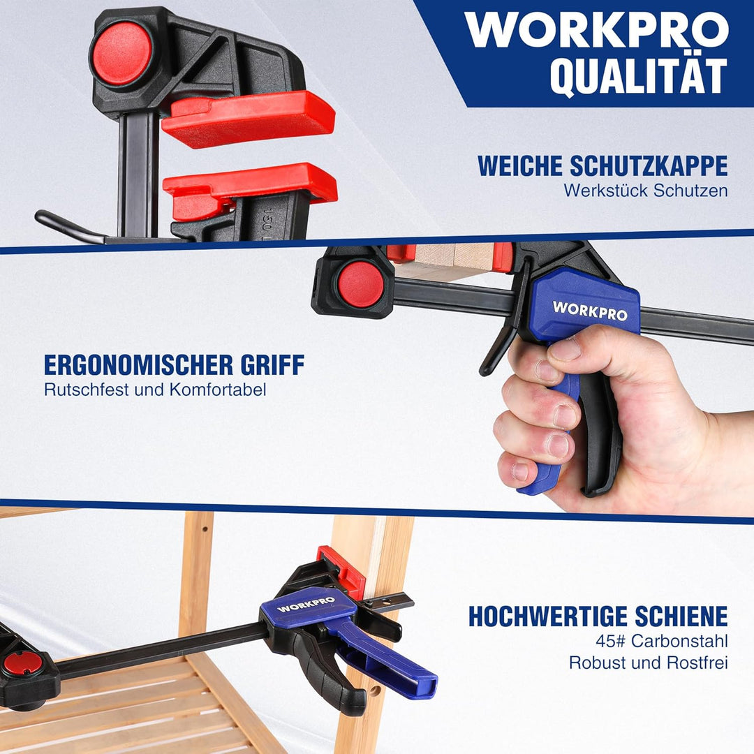 WORKPRO Einhandzwingen Set 4 Stück Schraubzwingen Spanner, Spannweite 120mm/150mm, Dehnbereich 200mm