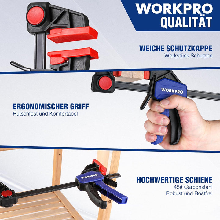 WORKPRO Einhandzwingen Set 4 Stück Schraubzwingen Spanner, Spannweite 120mm/150mm, Dehnbereich 200mm