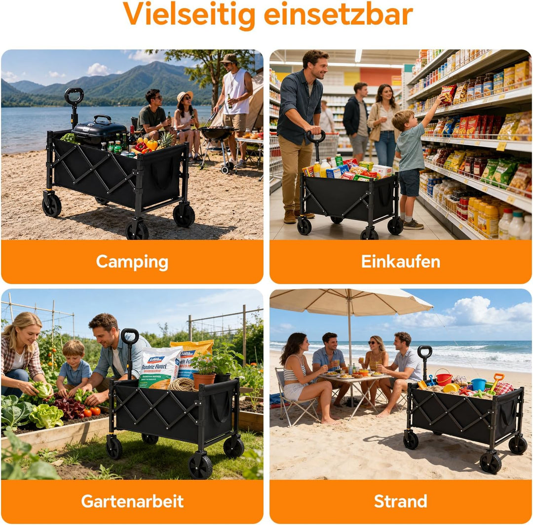 Bollerwagen Faltbar 120L Tragkraft 160KG, 360° Geländeräder, Bollerwagen XL mit 2 Getränkerhaltern,