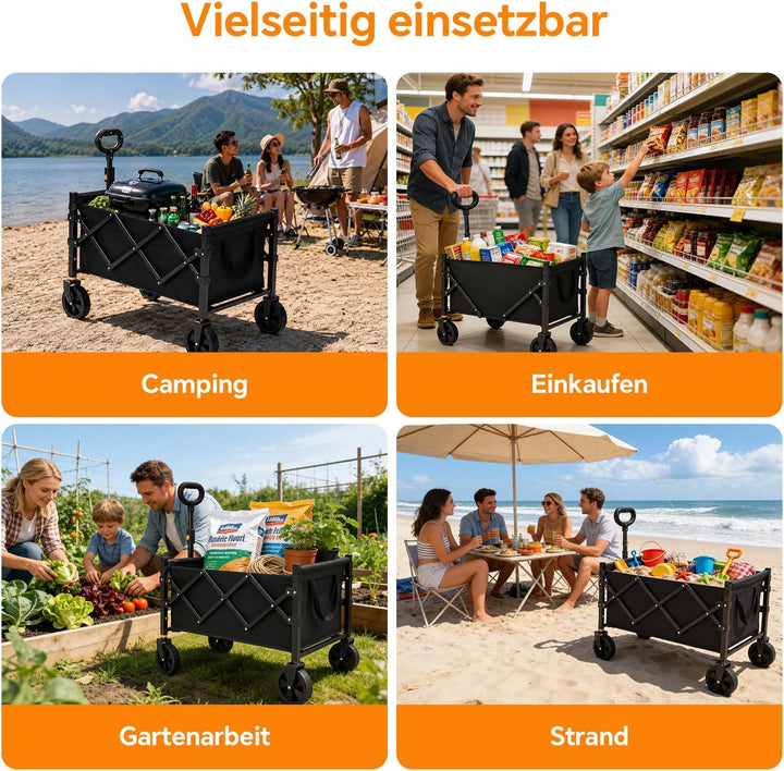 Bollerwagen Faltbar 120L Tragkraft 160KG, 360° Geländeräder, Bollerwagen XL mit 2 Getränkerhaltern,