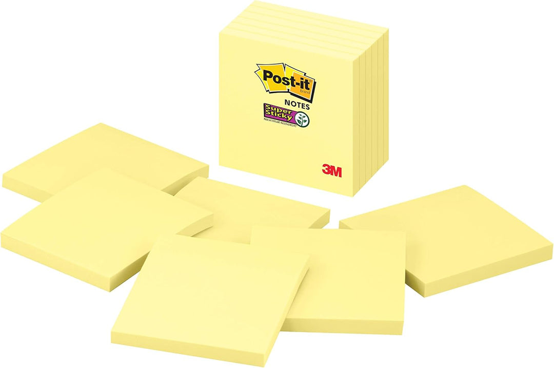Post-it Super Haftnotizen, 7,6 x 7,6 cm, 6 Blöcke, 2 x Haftkraft, Kanariengelb (654-6SSCY)