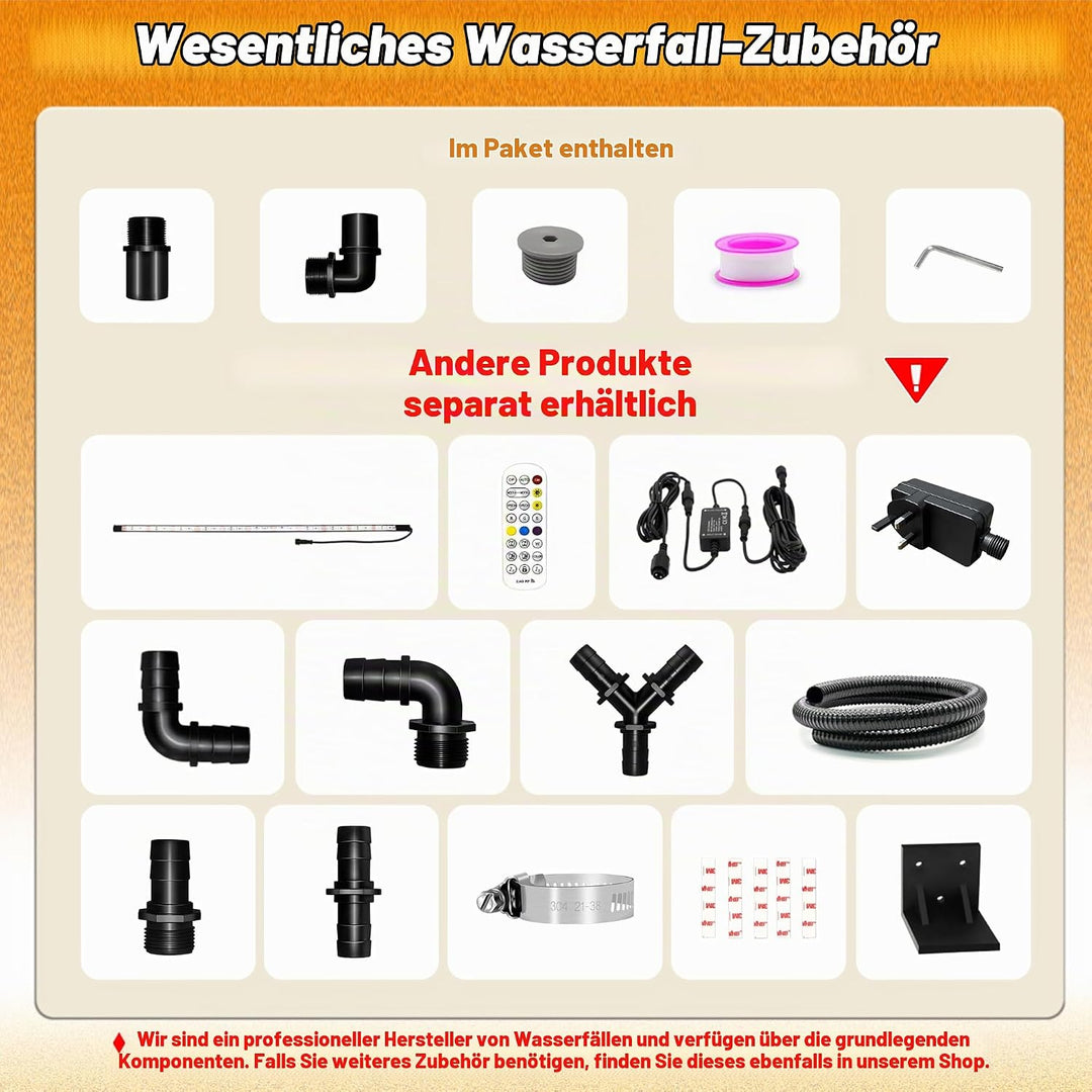 Teich Wasserfallklingen Set, 60 cm Acryl Poolfontäne mit Zubehör, Breite 18 cm Gebogene Auslauf Spri
