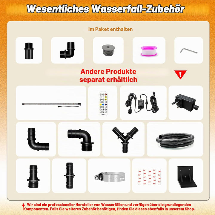 Teich Wasserfallklingen Set, 60 cm Acryl Poolfontäne mit Zubehör, Breite 18 cm Gebogene Auslauf Spri