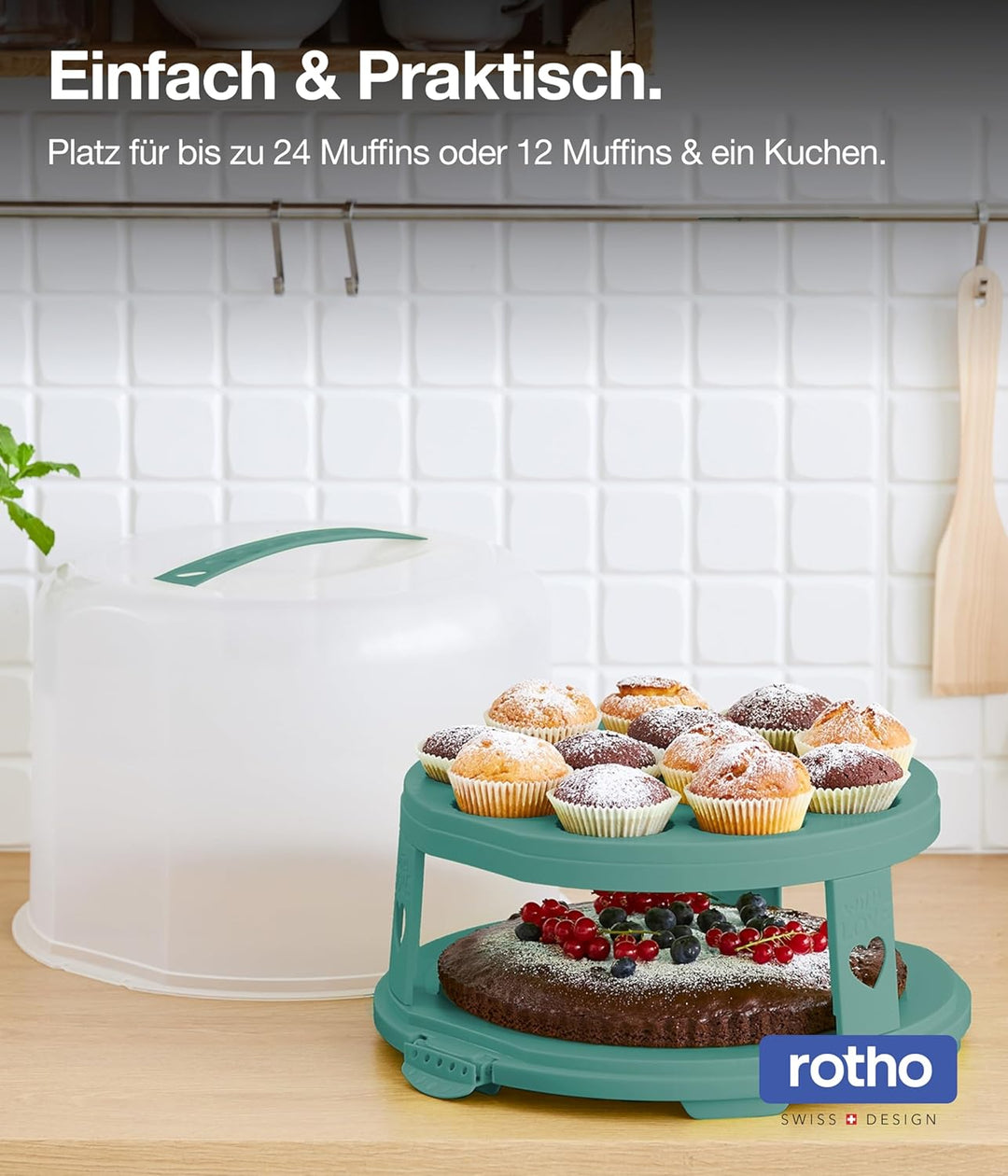Rotho Fresh Tortenglocke hoch mit Trays, lebensmittelechter Kunststoff (PP) BPA-frei, türkis/transpa
