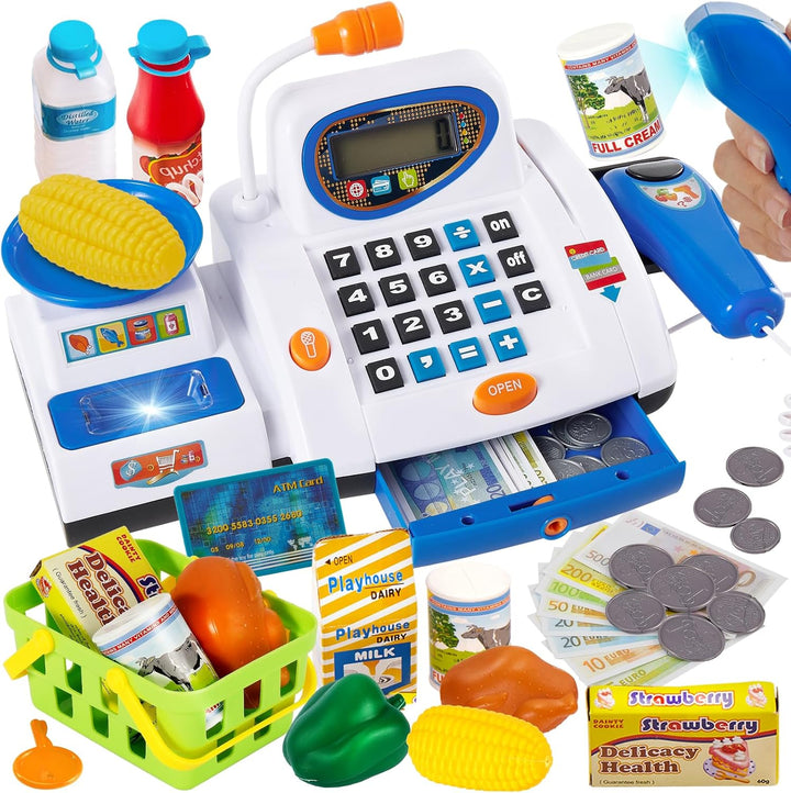 HERSITY Grosse Kinderkasse, Spielzeug Kasse mit Scanner und Sound, Spiel Supermarkt Kinder Kaufladen