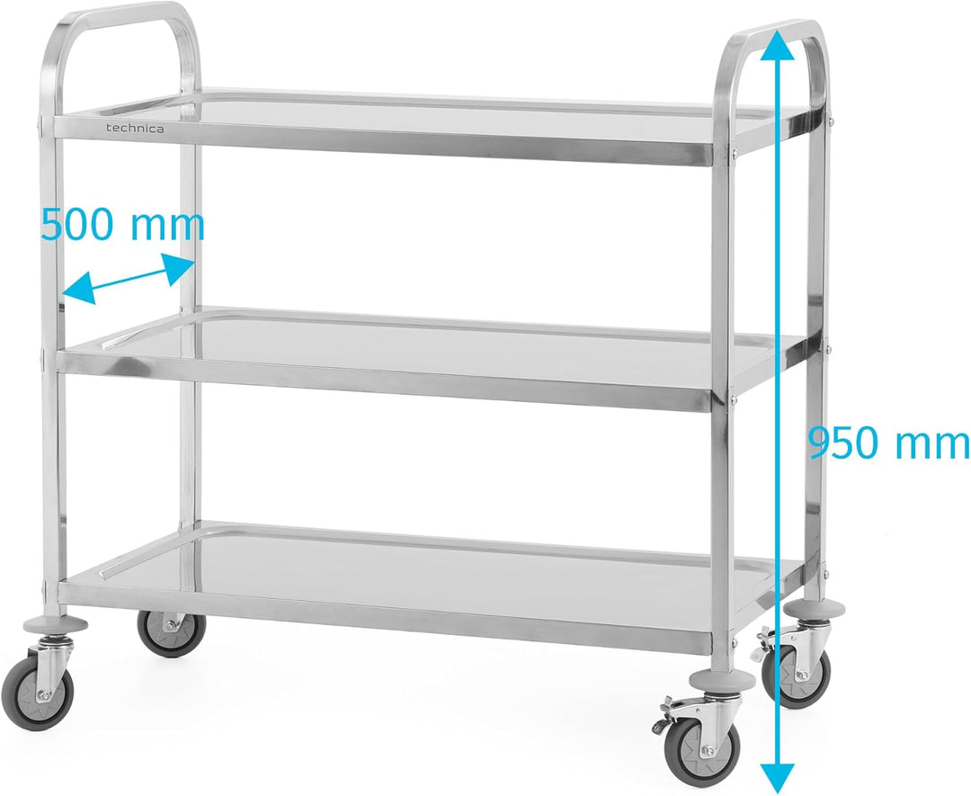 TECHNICA Servierwagen Edelstahl 3 Etagen mit Rollen & Bremse Quadratischer Griff 900x500x950mm Rollw