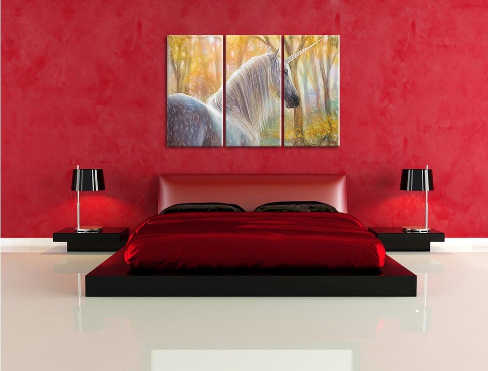 Pixxprint Einsames Einhorn im Wald als Leinwandbild/Grösse: 3 Teilig (120x80 cm) cm/Wandbild/Kunstdr
