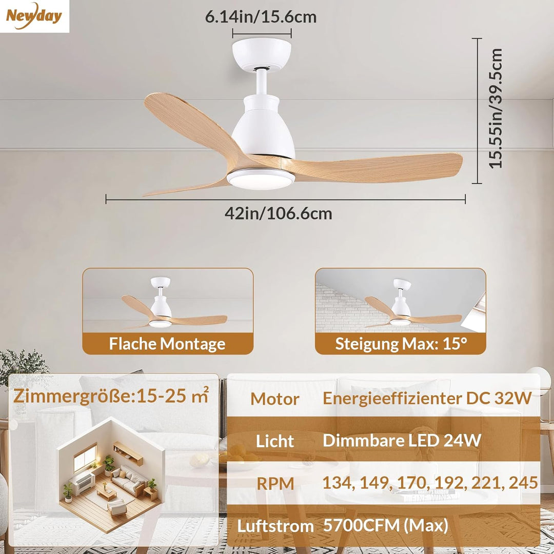 Newday Deckenventilatoren Holzfarbe, 106cm Deckenventilator mit Beleuchtung und Frnbedienung Leise,