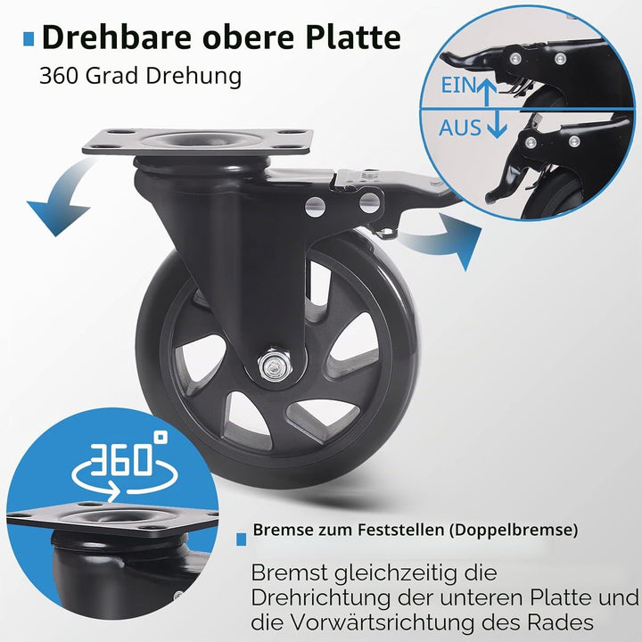 RRIUTO 4 Lenkrollen mit Bremse, 125 mm Transportrollen mit Bremse Strandkorbrollen Möbelrollen für M