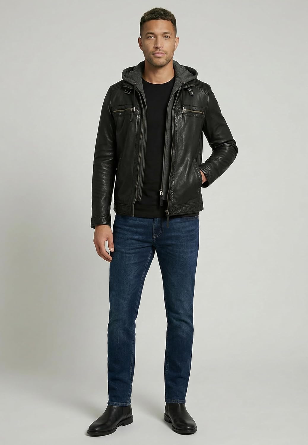RICANO Nate – Herren Biker Lederjacke (Slim Fit) mit abtrennbarer Kapuze - echtes Lamm Leder XXL Sch