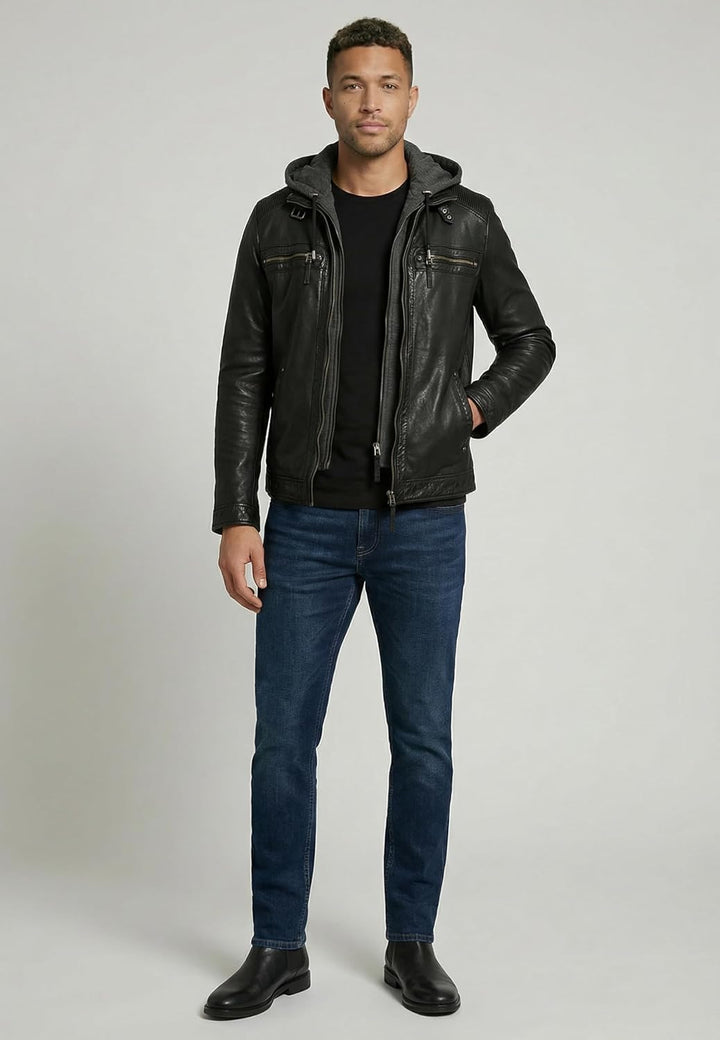 RICANO Nate – Herren Biker Lederjacke (Slim Fit) mit abtrennbarer Kapuze - echtes Lamm Leder XXL Sch