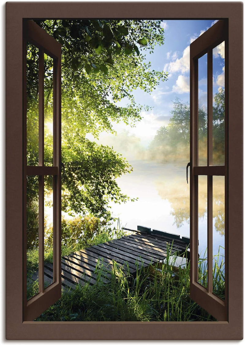 Artland Leinwandbild Wandbild Bild Leinwand 70x100 cm Wanddeko Fensterblick Fenster Landschaft Wald