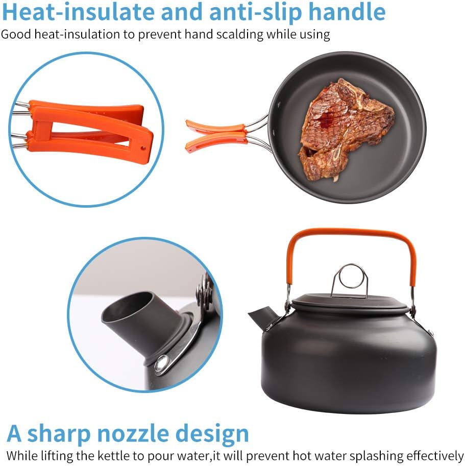 Gutsdoor Camping Kochset Geschirr-Set für 1-2 Personen, Kochset mit Tragbarem Aluminiumtopf Teekesse