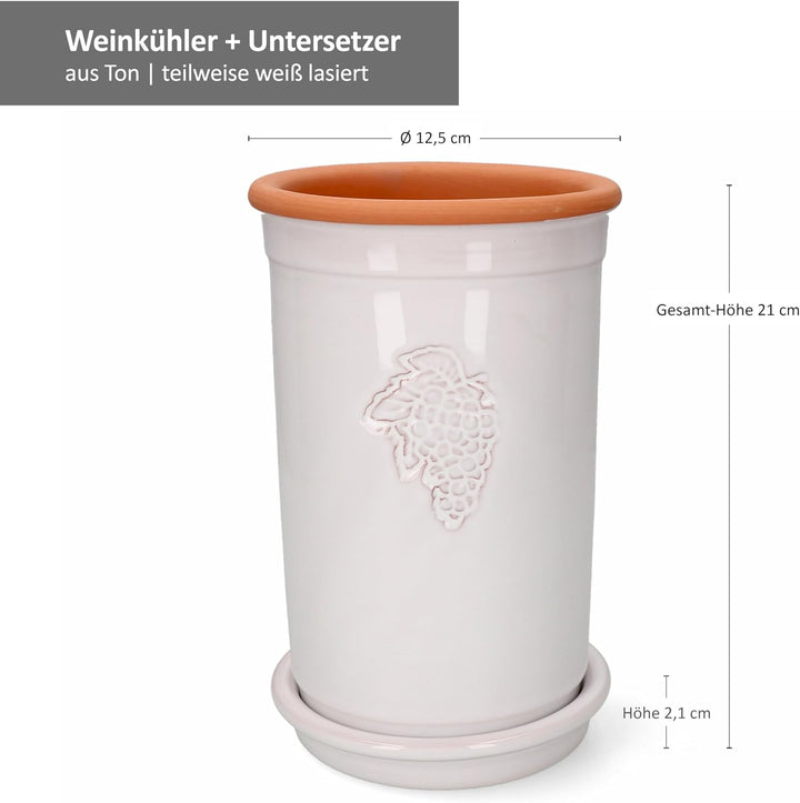 MamboCat | 2er Set Ton-Weinkühler + Untersetzer weiss lasiert I Ø 12,5 cm I H 21 cm I Flaschen-Kühle