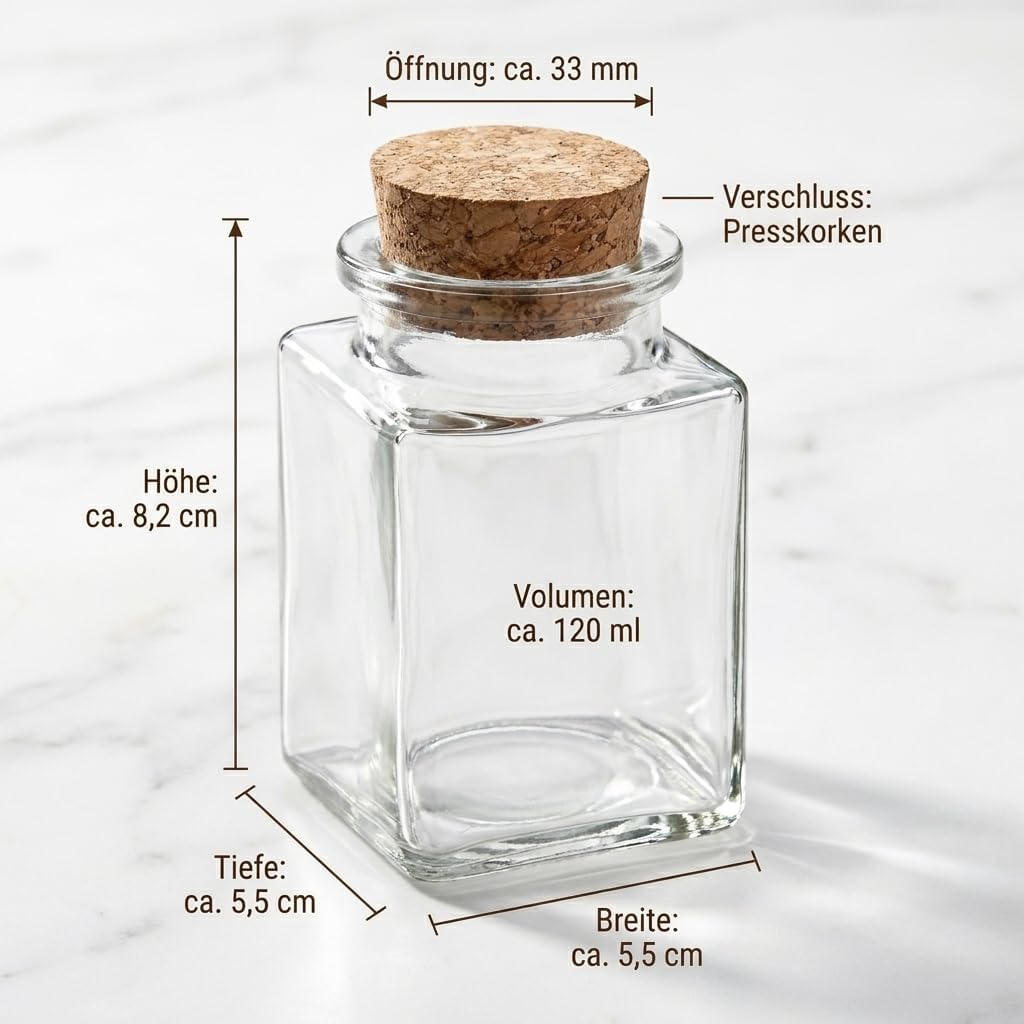 gouveo 12er Set Gewürzgläser 120 ml (0,12 l) Gewürzglas 120 ml hoch eckig mit Korken mit Presskorken