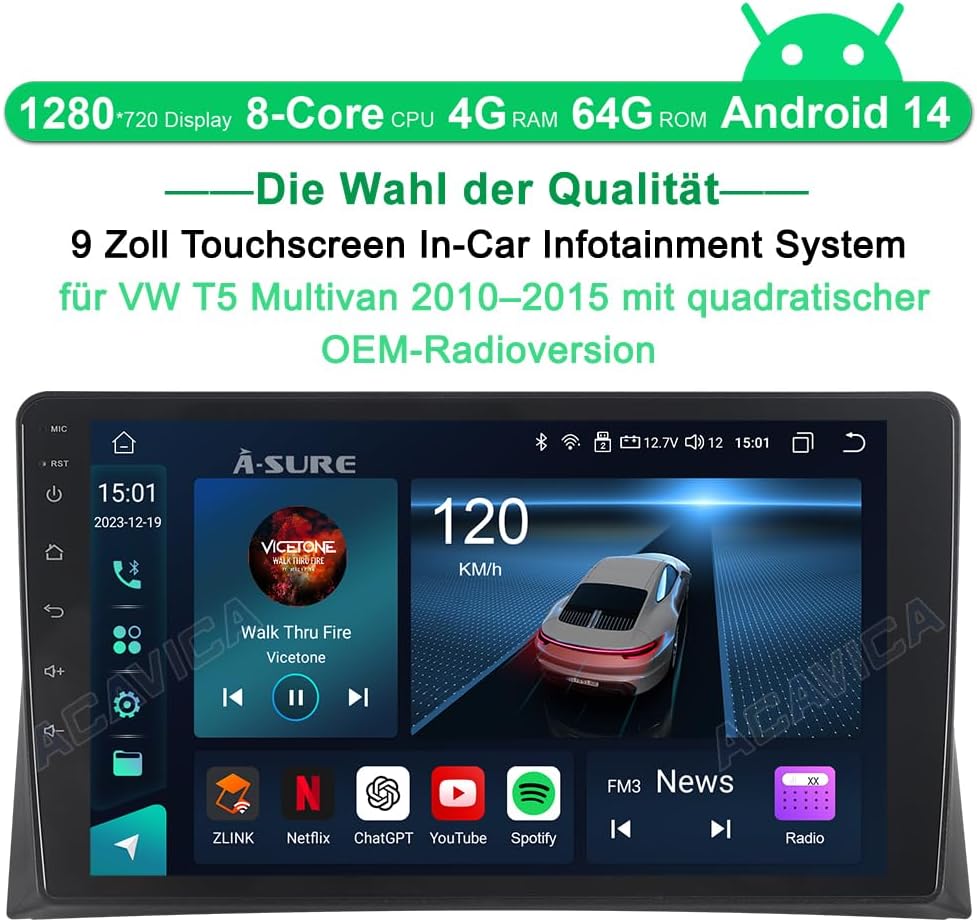 Android 15 Autoradio für VW T5 Multivan 2010–2015 9 Zoll – 8-Kern 4 GB RAM + 64 GB ROM, Kabelloses A