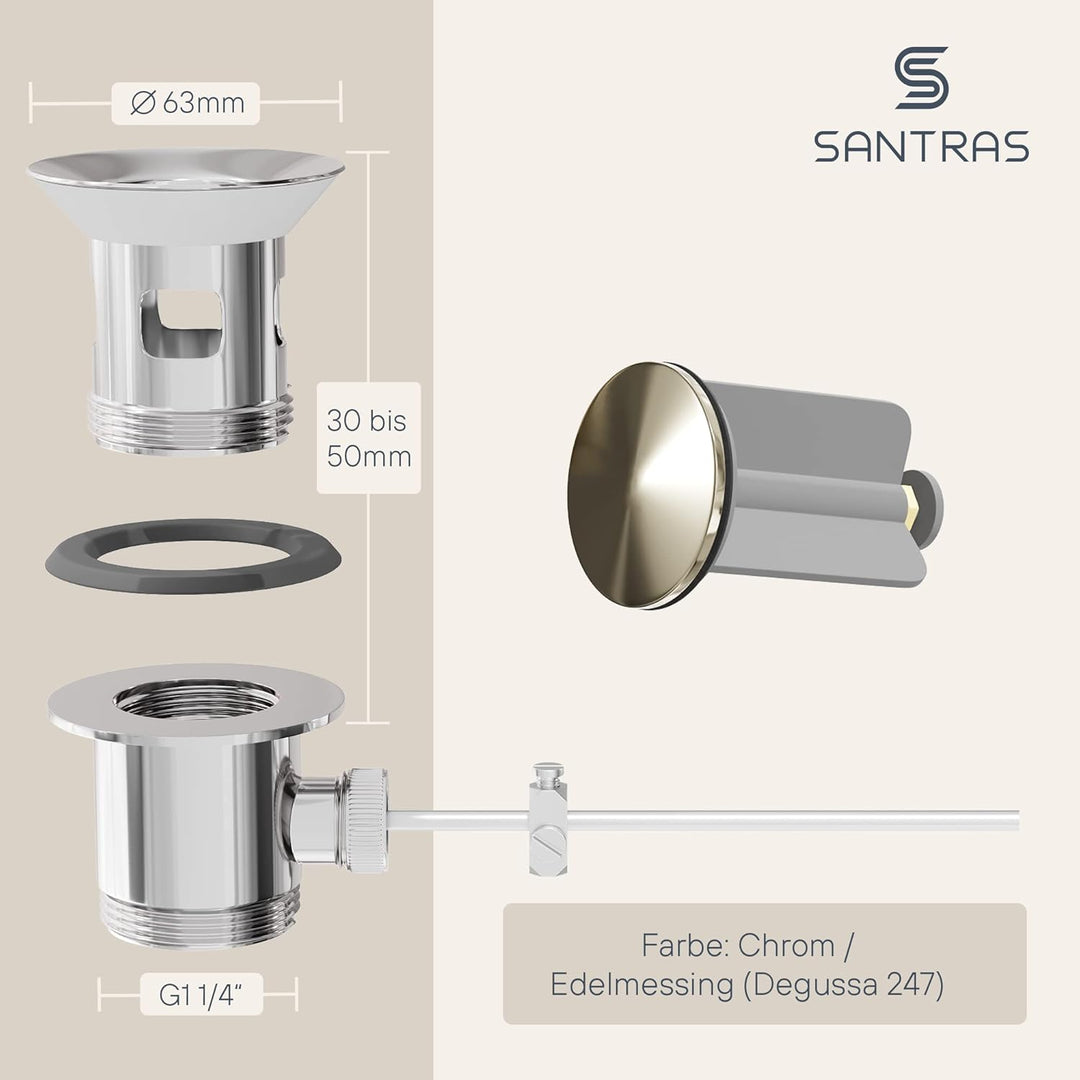 SANTRAS® Exzenter Ablaufgarnitur PREMIUM für Waschtisch mit Schutz vor Überlauf in Chrom/Edelmessing