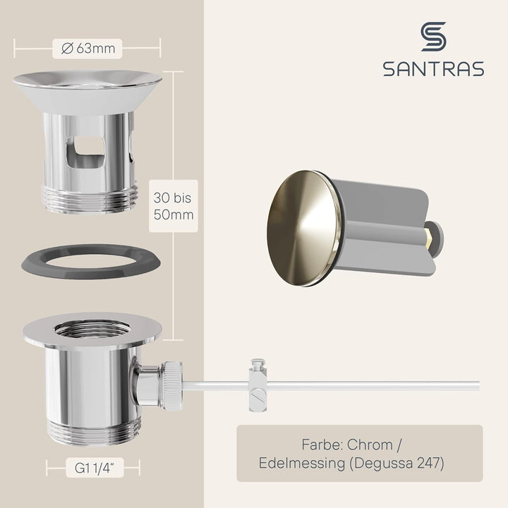 SANTRAS® Exzenter Ablaufgarnitur PREMIUM für Waschtisch mit Schutz vor Überlauf in Chrom/Edelmessing
