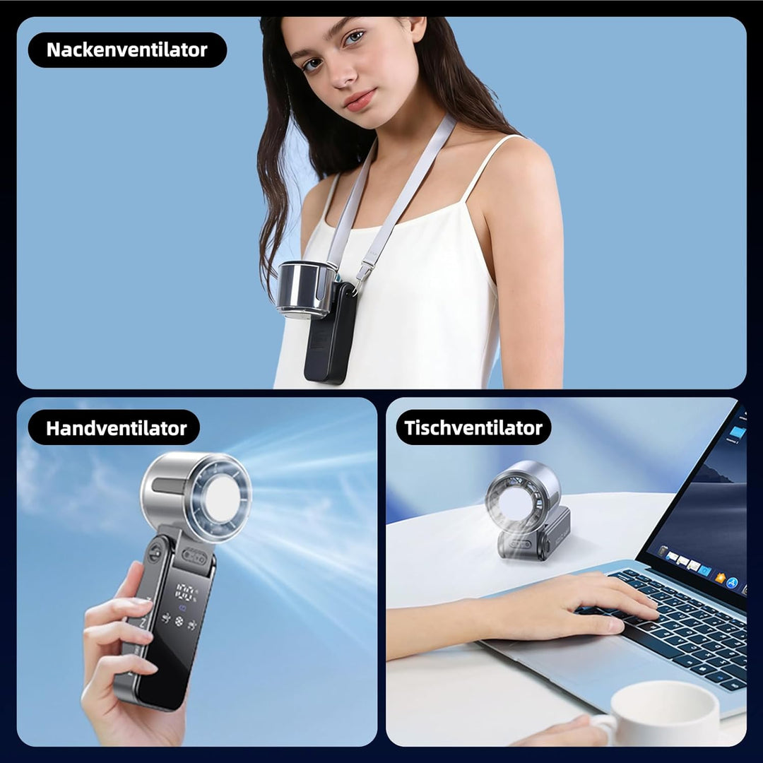 Handventilator Akku Aufladbar, Tragbarer Klein Turbo-Ventilator mit 100 Stufen Wind, 3-in-1 Mini Ven