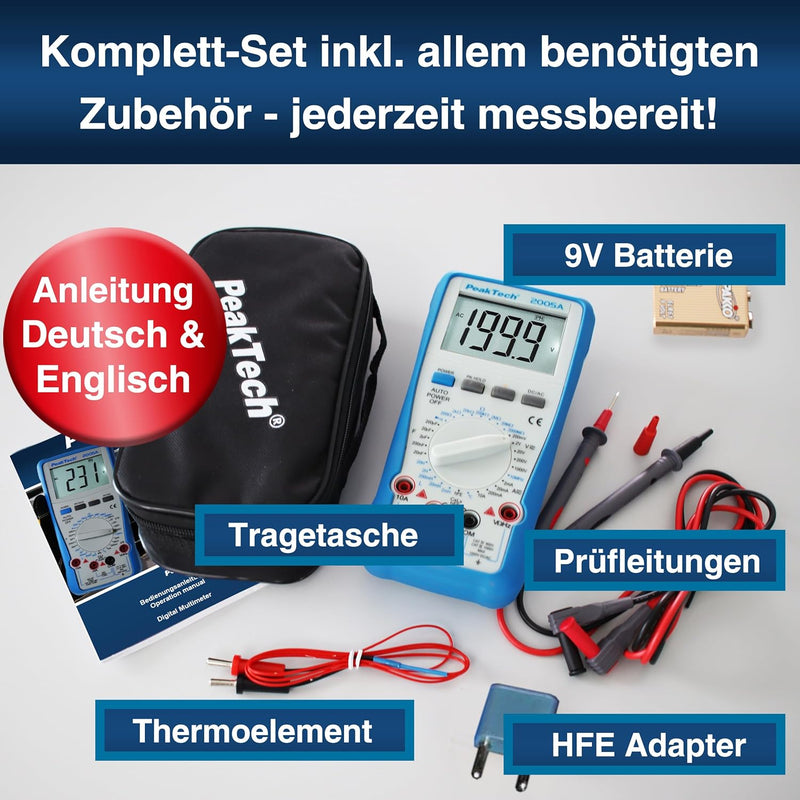 PeakTech 2005 A – Digital Multimeter mit 2.000 Counts, Digitales Messgerät für Spannungs - & Stromme