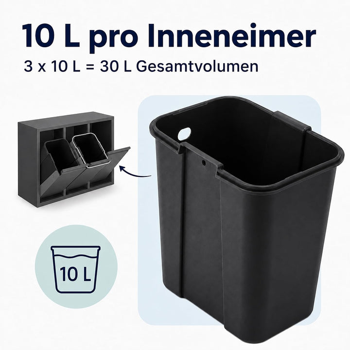 Relaxdays Mülleimer, 3 Fächer, 3x10 l, anthrazit, Anthrazit