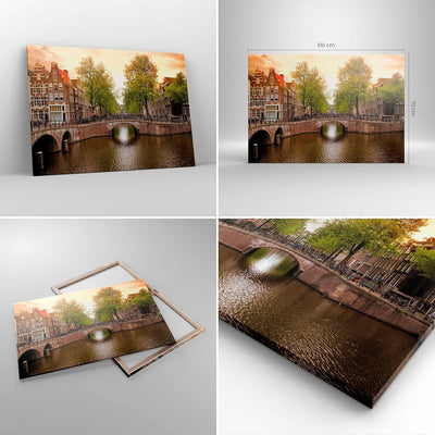 Bilder auf Leinwand 100x70cm Leinwandbild Kanal Wasser Amsterdam Fahrrad Gross Wanddeko Bild Schlafz