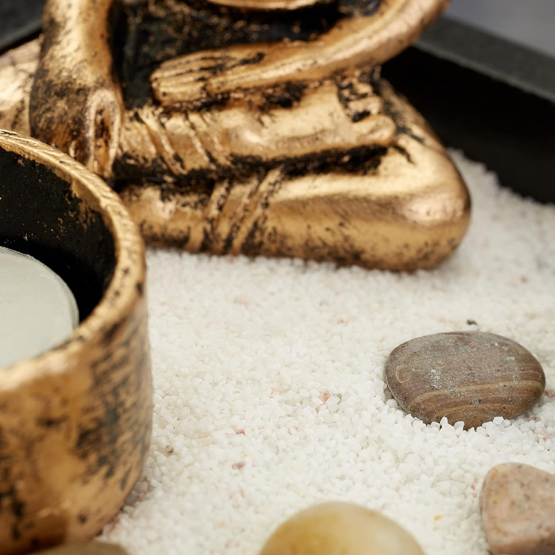 4 x Zen Garten, mit Buddha, Steinen, Sand, Räucherstäbchen & Teelichthalter, Entspannung, Feng Shui