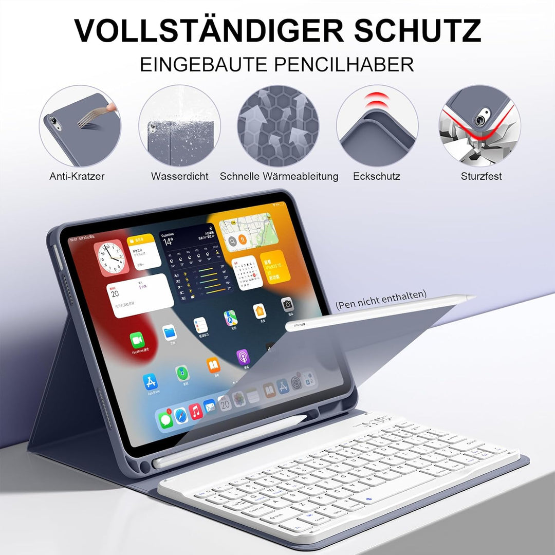 Tastatur Hülle für iPad 10. Generation 10,9" 2022 & iPad 11th Gen A16 2025 mit Stifthalter, TPU Rück