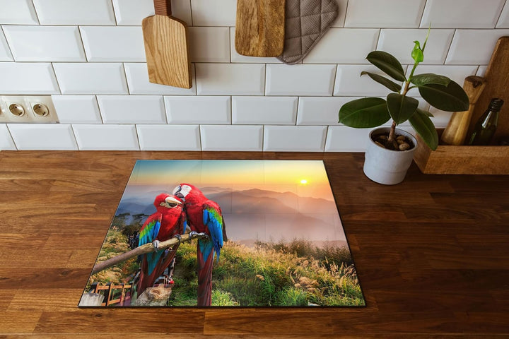 Papageien Pärchen Herdabdeckplatte & Spritzschutz aus Echtglas | Für Herd-Kochfelder | 60x52 cm