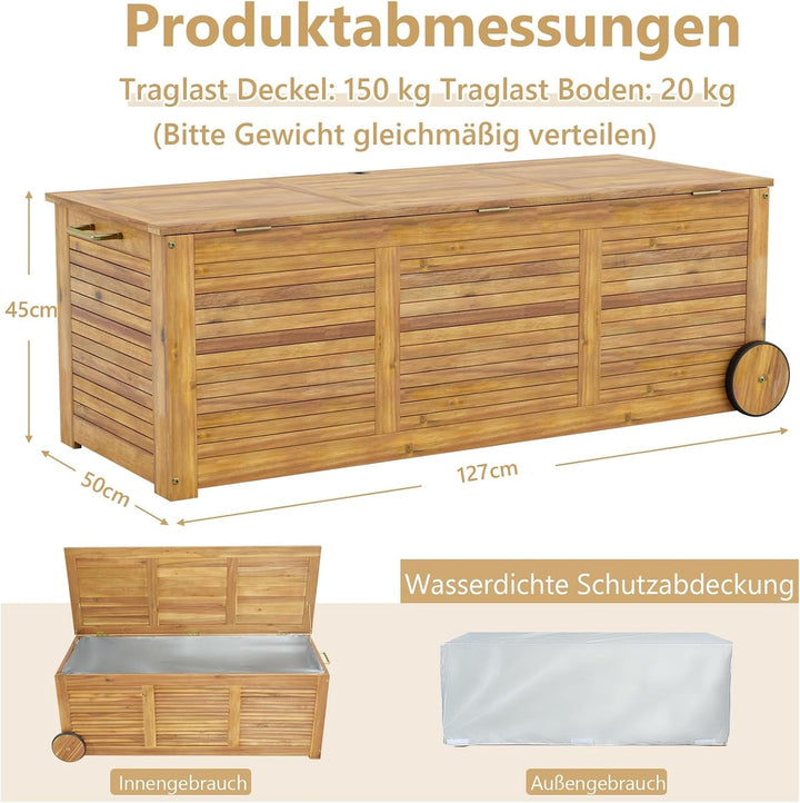 GIANTEX Auflagenbox Kissenbox Akazien Holz 182L, Gartenbox Aufbewahrungsbox mit Rollen, Kissentruhe