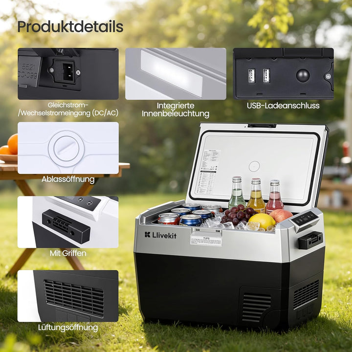 LLIVEKIT Kompressor Kühlbox 40L, -20~20°C, Tragbarer Kühlschrank, 12/24V DC, 100-240V AC, mit Beleuc