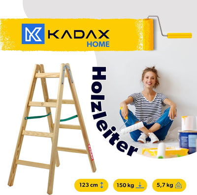 KADAX Holzleiter, Bockleiter bis 150 kg, klappbare Malerleiter, Doppelstufenleiter mit Stahlhaken, E